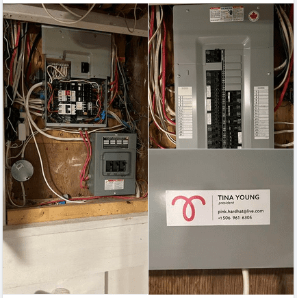 Before and after of a new electrical box installation by Twisted Electric. After shows a Twisted Electric, Tina Young sticker.