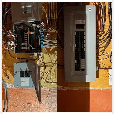 Before and after shots of an electrical box installation to tidy wiring, a specialty of Twisted Electric