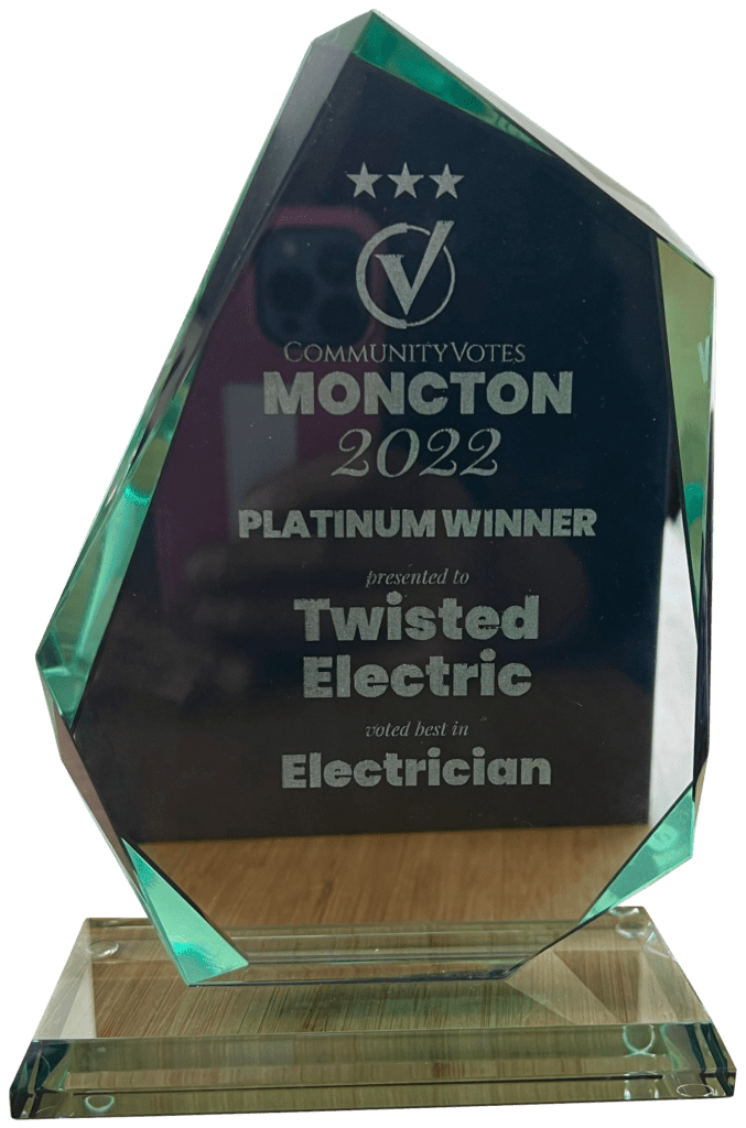 Community Votes Moncton 2022 Platinum Winner trophy, presented to Twisted Electric, voted best in Electrician